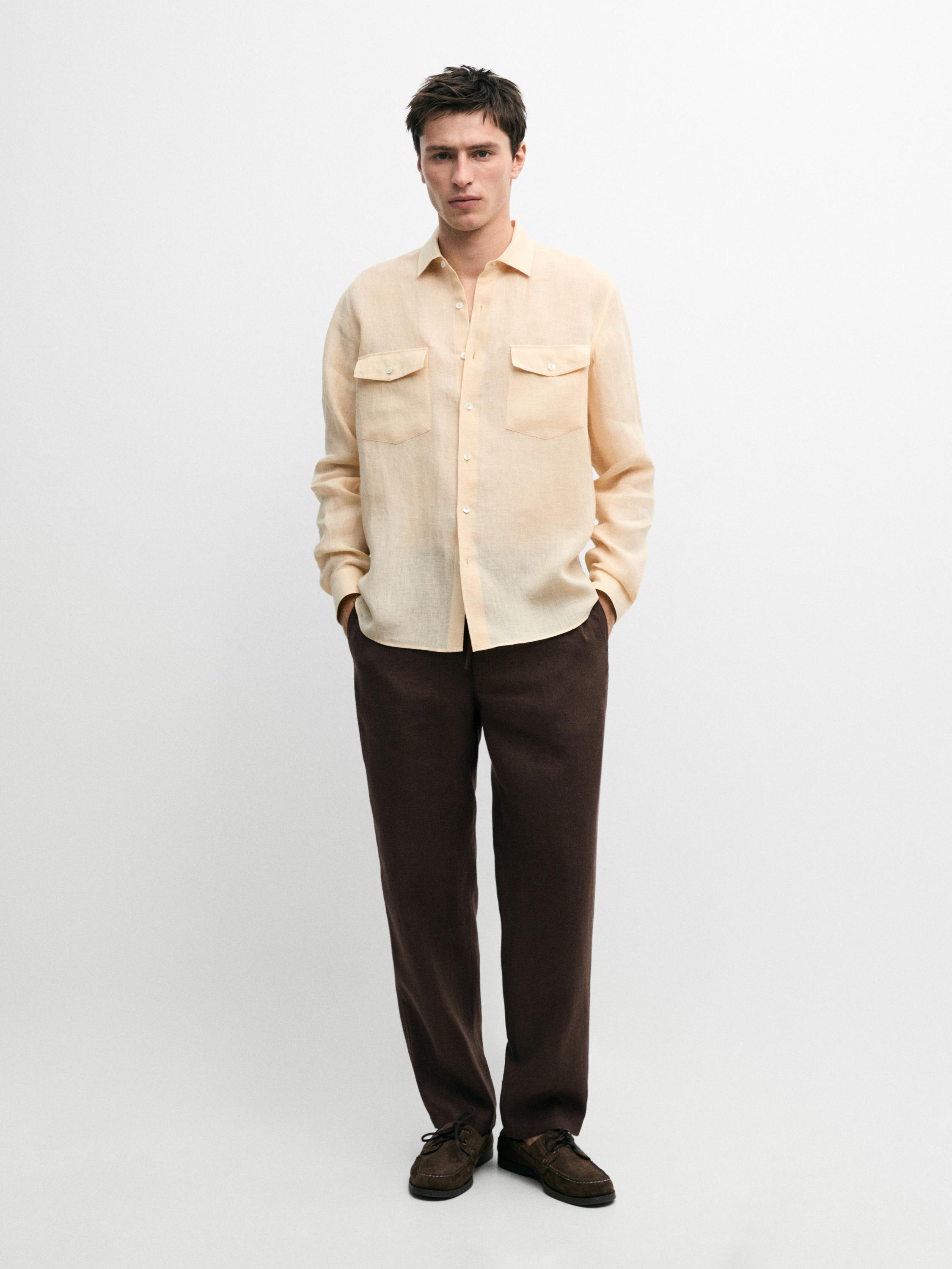 Regular fit 100% linen shirt with pockets